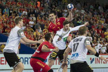 Zagreb, Hırvatistan - 17 Ocak 2018: Avrupa Erkekler Hentbol Şampiyonası, Ehf Euro 2018 ana tur Almanya - Fyr Makedonya 25: 25. Eylemde Kiril Lazarov (7)
