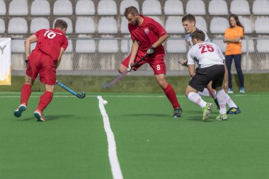 Zagreb, Hırvatistan - 26 Haziran 2018: Hırvatistan 2018 'de Hokey Serisi açıldı. Slovakya ile İsviçre arasında maç (1-2). Saha Hokeyi oyuncuları iş başında