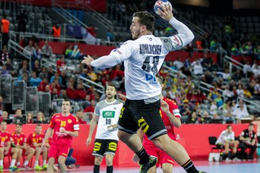 Zagreb, Hırvatistan - 13 Ocak 2018: Avrupa Erkekler Hentbol Şampiyonası, Ehf Euro 2018 C Grubu Almanya - Karadağ 32: 19. Jannik Kohlbacher (48)) 