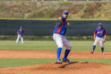 Karlovac, Hırvatistan - 26 Mayıs 2018: Euro Interleague Baseball maçı Beyzbol Kulübü Zagreb ile Bk Olimpija 83. Sürahi iş başında