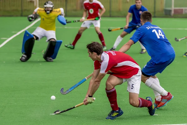 Zagreb, Hırvatistan - 30 Haziran 2018: Hırvatistan 'da Hokey Serisi açıldı. Avusturya ile Slovakya arasında maç (15-1). Saha Hokeyi oyuncuları iş başında