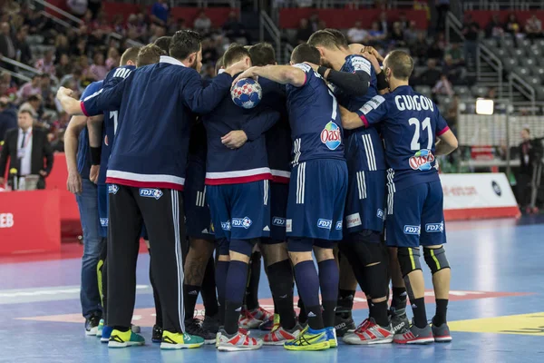 Zagreb, Hırvatistan - 17 Ocak 2018: Avrupa Erkekler Hentbol Şampiyonası, Ehf Euro 2018 Yarı final Fransa-İspanya maçı 23: 27. Fransız oyuncular molada