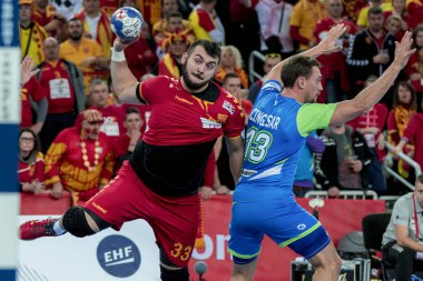 Zagreb, Hırvatistan - 13 Ocak 2018: Avrupa Erkekler Hentbol Şampiyonası, Ehf Euro 2018 Grup Makedonya - Slovenya maçı 25: 24. Zharko Peşevski (33))