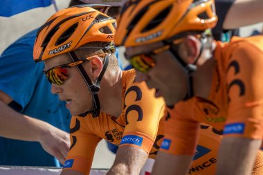 ZAGREB, CROATIA - APRIL 22, 2018: Bicycle race Tour of Croatia 2018. Cyclists driving the last stage in city of Zagreb