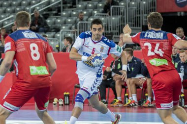 Zagreb, Hırvatistan - 18 Ocak 2018: Avrupa Erkekler Hentbol Şampiyonası, Ehf Euro 2018 ana turu Sırbistan - Norveç maçı 27: 32. Eylemde Zarko Sesum (5)