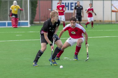 Zagreb, Hırvatistan - 26 Haziran 2018: Hırvatistan 2018 'de Hokey Serisi açıldı. Avusturya ile Galler arasında maç (3-0). Saha Hokeyi oyuncuları iş başında