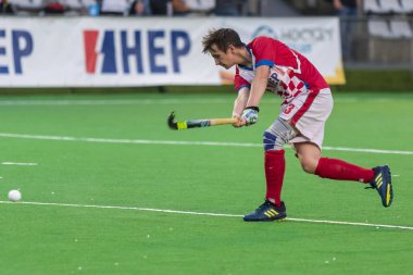 Zagreb, Hırvatistan - 29 Haziran 2018: Hırvatistan 2018 'de Hokey Serisi açıldı. Hırvatistan ile Slovakya arasında maç (6-1). Aktivoda saha hokeyi oyuncuları