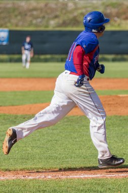 Karlovac, Hırvatistan - 26 Mayıs 2018: Euro Interleague Baseball maçı Beyzbol Kulübü Zagreb ile Bk Olimpija 83. Koşucu iş başında