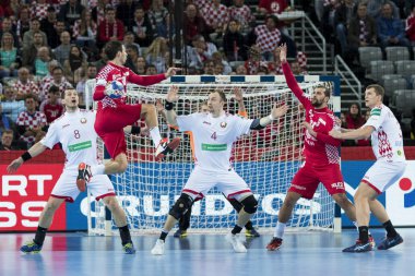 Zagreb, Hırvatistan - 18 Ocak 2018: Avrupa Erkekler Hentbol Şampiyonası, Ehf Euro 2018 ana tur Hırvatistan - Belarus 25: 23. Eylemde Igor Karaciç (18)