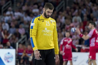 Zagreb, Hırvatistan - 24 Ocak 2018: Avrupa Erkekler Hentbol Şampiyonası, Ehf Euro 2018 ana turu Hırvatistan-Fransa maçı 27: 30. Mirko Aliloviç (25)