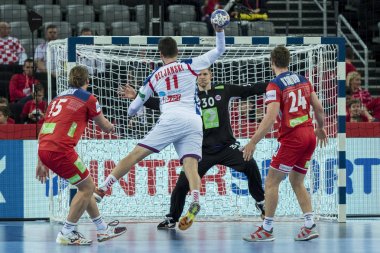 Zagreb, Hırvatistan - 18 Ocak 2018: Avrupa Erkekler Hentbol Şampiyonası, Ehf Euro 2018 ana turu Sırbistan - Norveç maçı 27: 32. Bojan Beljanski (11))