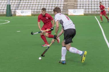 Zagreb, Hırvatistan - 26 Haziran 2018: Hırvatistan 2018 'de Hokey Serisi açıldı. Slovakya ile İsviçre arasında maç (1-2). Saha Hokeyi oyuncuları iş başında