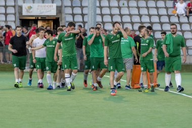 Zagreb, Hırvatistan - 10 Haziran 2018: Hk Zelina ile Hk Tresnjevka arasındaki Hırvat Saha Hokeyi finalleri. Saha hokeyi oyuncuları zaferi kutluyor