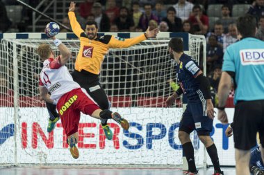 Zagreb, Hırvatistan - 28 Ocak 2018: Avrupa Erkekler Hentbol Şampiyonası, Ehf Euro 2018 Fransa - Danimarka 32: 29. Zachariassen Anders (14))