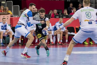 Zagreb, Hırvatistan - 15 Ocak 2018: Avrupa Erkekler Hentbol Şampiyonası, Ehf Euro 2018 ana tur Slovenya-Almanya maçı 25: 25. Hareket halindeki Kai Hafner (25)