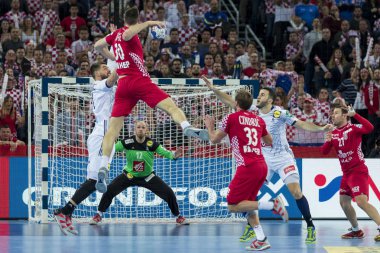 Zagreb, Hırvatistan - 24 Ocak 2018: Avrupa Erkekler Hentbol Şampiyonası, Ehf Euro 2018 ana turu Hırvatistan-Fransa maçı 27: 30. Eylemde Marko Mamic (30)