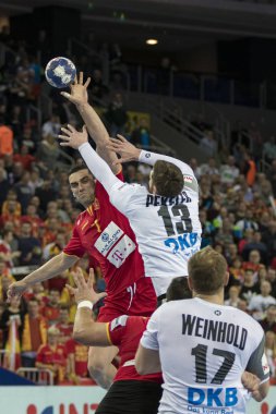 Zagreb, Hırvatistan - 17 Ocak 2018: Avrupa Erkekler Hentbol Şampiyonası, Ehf Euro 2018 ana tur Almanya - Fyr Makedonya 25: 25. Eylemde Kiril Lazarov (7) 