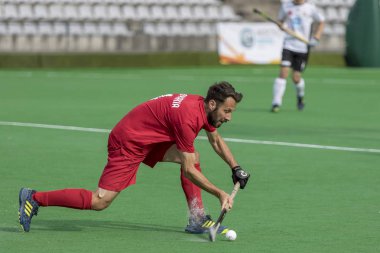 Zagreb, Hırvatistan - 26 Haziran 2018: Hırvatistan 2018 'de Hokey Serisi açıldı. Slovakya ile İsviçre arasında maç (1-2). Saha Hokeyi oyuncuları iş başında