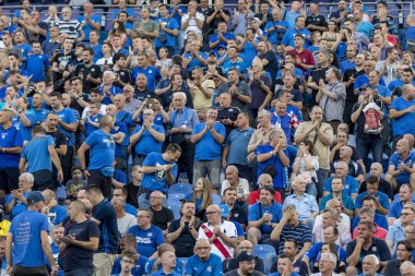 ZAGREB, CROATIA - JULY 24, 2018: UEFA Champions League match between GNK Dinamo Zagreb and Hapoel Beer-Sheva FC (5-0). Dinamo supporters on tribune