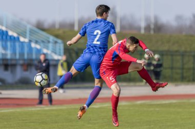Velika Gorica, Hırvatistan - 27 Mart 2018: Avrupa 21 Yaş Altı Şampiyonası Ön Eleme Turu. Hırvatistan ile Moldova arasında oynanan karşılaşma 4-0. Eylem Fran Karacic (2) ve Denis Marandici (5)
