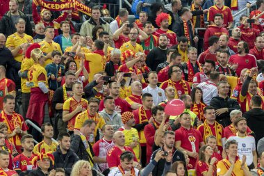 Zagreb, Hırvatistan - 13 Ocak 2018: Avrupa Erkekler Hentbol Şampiyonası, Ehf Euro 2018 Grup Makedonya - Slovenya maçı 25: 24. Makedon taraftarlar tribünde
