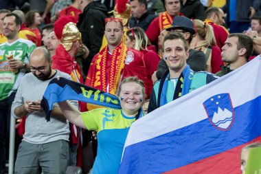 Zagreb, Hırvatistan - 13 Ocak 2018: Avrupa Erkekler Hentbol Şampiyonası, Ehf Euro 2018 Grup Makedonya - Slovenya maçı 25: 24. Sloven taraftarlar