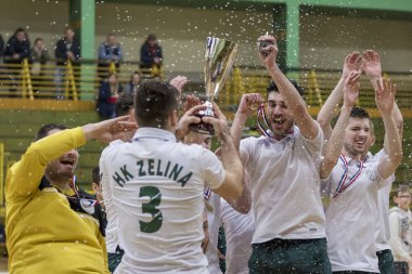 Zelina, Hırvatistan - 04 Mart 2018: Hırvatistan Salon İçi Hokey Finalleri Günü. Zelina ve Mladost arasındaki kapalı hokey maçı. Hokey oyuncuları zaferi kutluyor