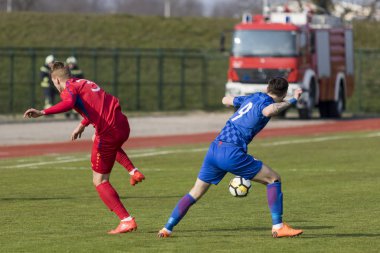Velika Gorica, Hırvatistan - 27 Mart 2018: Avrupa 21 Yaş Altı Şampiyonası Ön Eleme Turu. Hırvatistan ile Moldova arasında oynanan karşılaşma 4-0. Eylem Mihail Tiscul (3) ve Marin Jakolis (9)