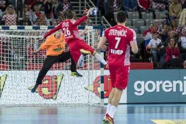 Zagreb, Hırvatistan - 18 Ocak 2018: Avrupa Erkekler Hentbol Şampiyonası, Ehf Euro 2018 ana tur Hırvatistan - Belarus 25: 23. Hareket halinde Manuel Strlek (26)