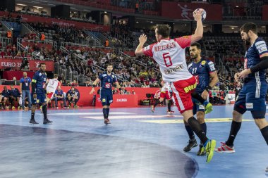 Zagreb, Hırvatistan - 28 Ocak 2018: Avrupa Erkekler Hentbol Şampiyonası, Ehf Euro 2018 Fransa - Danimarka 32: 29. Aslında Mortensen Casper U. (6)