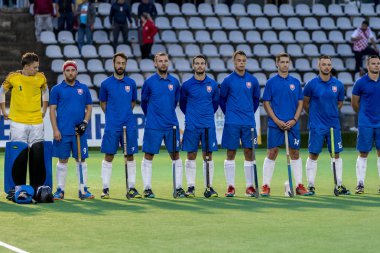 Zagreb, Hırvatistan - 29 Haziran 2018: Hırvatistan 2018 'de Hokey Serisi açıldı. Maç İsviçre ile Avusturya arasında (0-8). Saha Hokeyi oyuncuları sıralaması