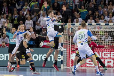 Zagreb, Hırvatistan - 15 Ocak 2018: Avrupa Erkekler Hentbol Şampiyonası, Ehf Euro 2018 ana tur Slovenya-Almanya maçı 25: 25. Hareket halindeki Miha Zarabec (23)