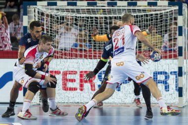 Zagreb, Hırvatistan - 17 Ocak 2018: Avrupa Erkekler Hentbol Şampiyonası, Ehf Euro 2018 Yarı final Fransa-İspanya maçı 23: 27. Joan Canellas Reixach (21)