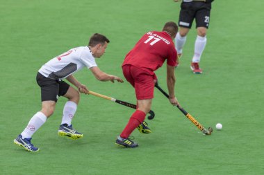 Zagreb, Hırvatistan - 26 Haziran 2018: Hırvatistan 2018 'de Hokey Serisi açıldı. Slovakya ile İsviçre arasında maç (1-2). Saha Hokeyi oyuncuları iş başında