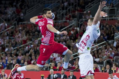 Zagreb, Hırvatistan - 18 Ocak 2018: Avrupa Erkekler Hentbol Şampiyonası, Ehf Euro 2018 ana tur Hırvatistan - Belarus 25: 23. Luka Stepanciç (7))