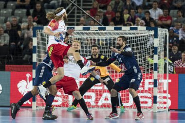 Zagreb, Hırvatistan - 28 Ocak 2018: Avrupa Erkekler Hentbol Şampiyonası, Ehf Euro 2018 Fransa - Danimarka 32: 29. Etkinlikte Hansen Mikkel (24)
