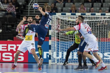 Zagreb, Hırvatistan - 17 Ocak 2018: Avrupa Erkekler Hentbol Şampiyonası, Ehf Euro 2018 Yarı final Fransa-İspanya maçı 23: 27. Faal Valentin Porte (28))