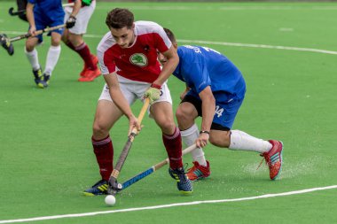 Zagreb, Hırvatistan - 30 Haziran 2018: Hırvatistan 'da Hokey Serisi açıldı. Avusturya ile Slovakya arasında maç (15-1). Saha Hokeyi oyuncuları iş başında