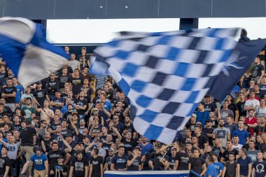 ZAGREB, CROATIA - JULY 24, 2018: UEFA Champions League match between GNK Dinamo Zagreb and Hapoel Beer-Sheva FC (5-0). Dinamo fans BBB on tribune
