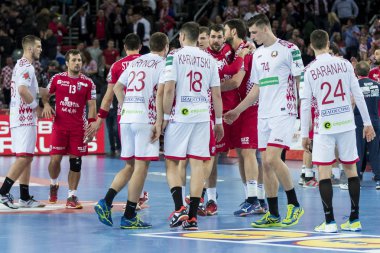 Zagreb, Hırvatistan - 18 Ocak 2018: Avrupa Erkekler Hentbol Şampiyonası, Ehf Euro 2018 ana tur Hırvatistan - Belarus 25: 23. Oyuncular zaferi kutluyor