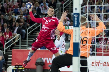 Zagreb, Hırvatistan - 18 Ocak 2018: Avrupa Erkekler Hentbol Şampiyonası, Ehf Euro 2018 ana tur Hırvatistan - Belarus 25: 23. Hareket halinde Manuel Strlek (26)