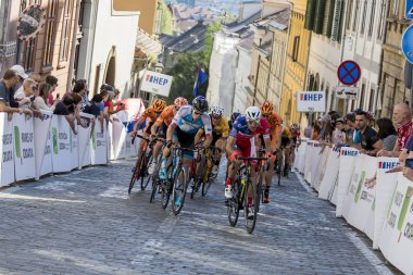 ZAGREB, CROATIA - APRIL 22, 2018: Bicycle race Tour of Croatia 2018. Cyclists driving the last stage in city of Zagreb