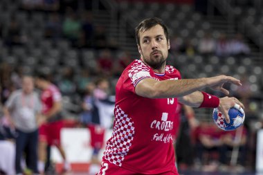 Zagreb, Hırvatistan - 17 Ocak 2018: Avrupa Erkekler Hentbol Şampiyonası, Ehf Euro 2018 ana tur karşılaşması Hırvatistan - Çek Cumhuriyeti 28: 27. Eylemde Zlatko Horvat (13)
