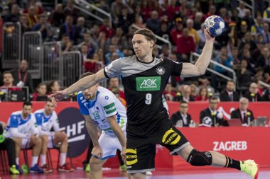 Zagreb, Hırvatistan - 15 Ocak 2018: Avrupa Erkekler Hentbol Şampiyonası, Ehf Euro 2018 ana tur Slovenya-Almanya maçı 25: 25. Hareket halinde Tobias Reichmann (9))