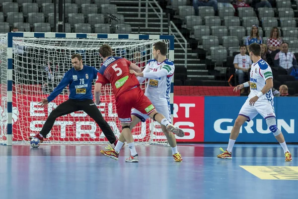 Zagreb, Hırvatistan - 18 Ocak 2018: Avrupa Erkekler Hentbol Şampiyonası, Ehf Euro 2018 ana turu Sırbistan - Norveç maçı 27: 32. Eylemde Sander Sagosen (5)