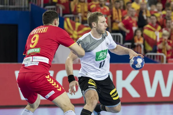 Zagreb, Hırvatistan - 17 Ocak 2018: Avrupa Erkekler Hentbol Şampiyonası, Ehf Euro 2018 ana tur Almanya - Fyr Makedonya 25: 25. Eylemde Steffen Weinhold (17) 