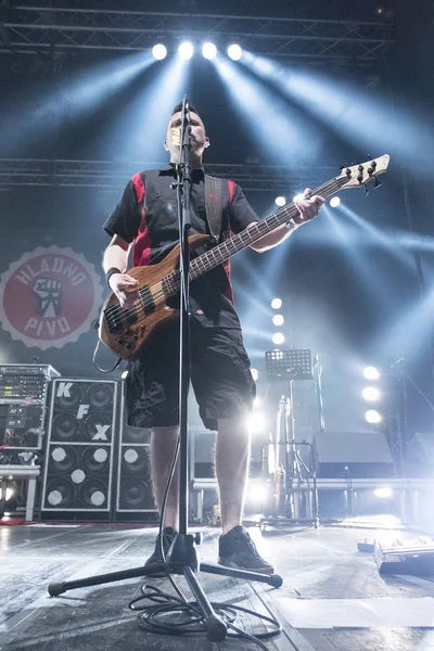 Zagreb, Hırvatistan - 02 Mart 2018: Ünlü Hırvat Punk grubu Hladno Pivo 'nun 30 yıllık kutlama konseri. Bas gitarist Kresimir Sokec