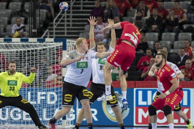 Zagreb, Hırvatistan - 17 Ocak 2018: Avrupa Erkekler Hentbol Şampiyonası, Ehf Euro 2018 ana tur Almanya - Fyr Makedonya 25: 25. Eylemde Kiril Lazarov (7)