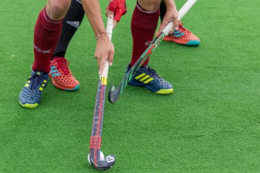 Zagreb, Hırvatistan - 26 Haziran 2018: Hırvatistan 2018 'de Hokey Serisi açıldı. Avusturya ile Galler arasında maç (3-0). Saha Hokeyi oyuncuları iş başında
