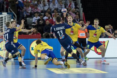 Zagreb, Hırvatistan - 20 Ocak 2018: Avrupa Erkekler Hentbol Şampiyonası, Ehf Euro 2018 ana tur İsveç-Fransa maçı 17: 23. Eylemde Nikola Karabatik (13)